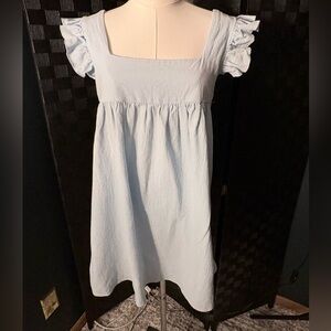 Luukse textured blue cotton dress ruffled cap sleeves gathered empire waistline
